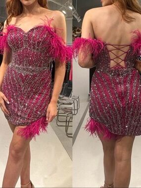 NWT Primavera Beaded Pink Feathered Dress style 4058 fun fashion pageant hoco